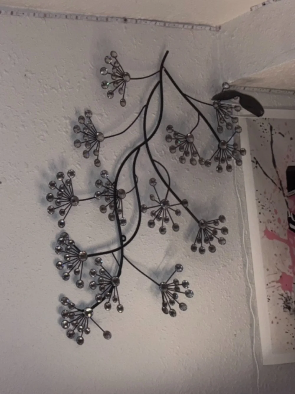 Black Metal Floral Wall Art with Silver Crystal Accents